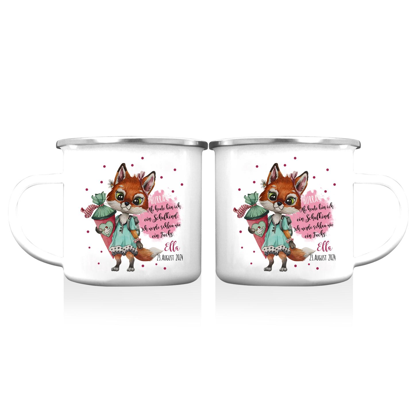 Emaille Tasse-Personalisierter Name & Datum Hase Becher - Hurra ab heute bin ich ein Schulkind Ich werde schau wie ein Fuchs - Geschenk zum Schulanfang
