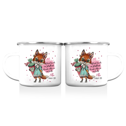 Emaille Tasse-Personalisierter Name & Datum Hase Becher - Hurra ab heute bin ich ein Schulkind Ich werde schau wie ein Fuchs - Geschenk zum Schulanfang