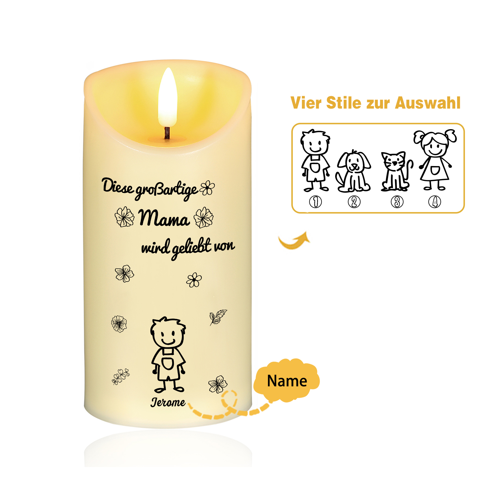 Personalisierte LED-Kerze mit 1 Name & Muster – Diese großartige Mama wird geliebt von.. – perfektes Geschenk für Mama