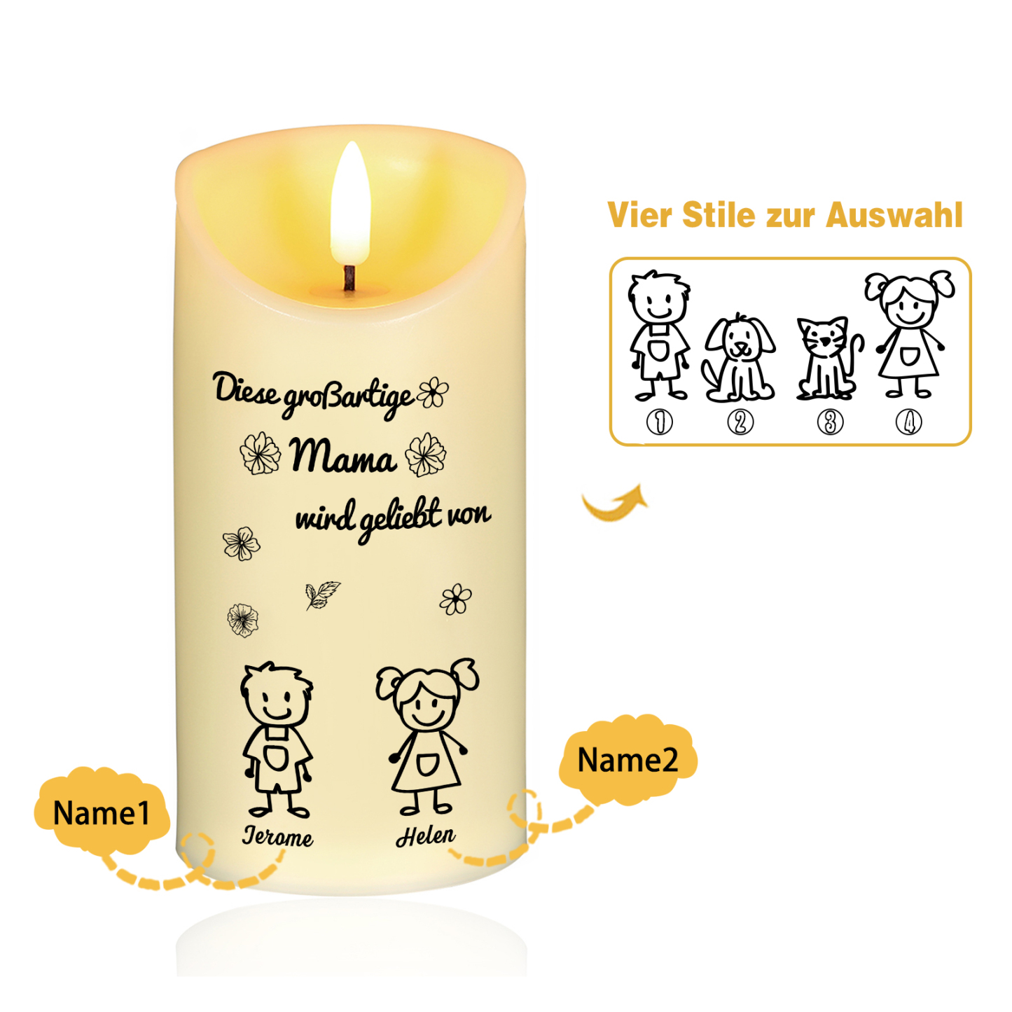 Personalisierte LED-Kerze mit 2 Namen & Muster – Diese großartige Mama wird geliebt von.. – perfektes Geschenk für Mama