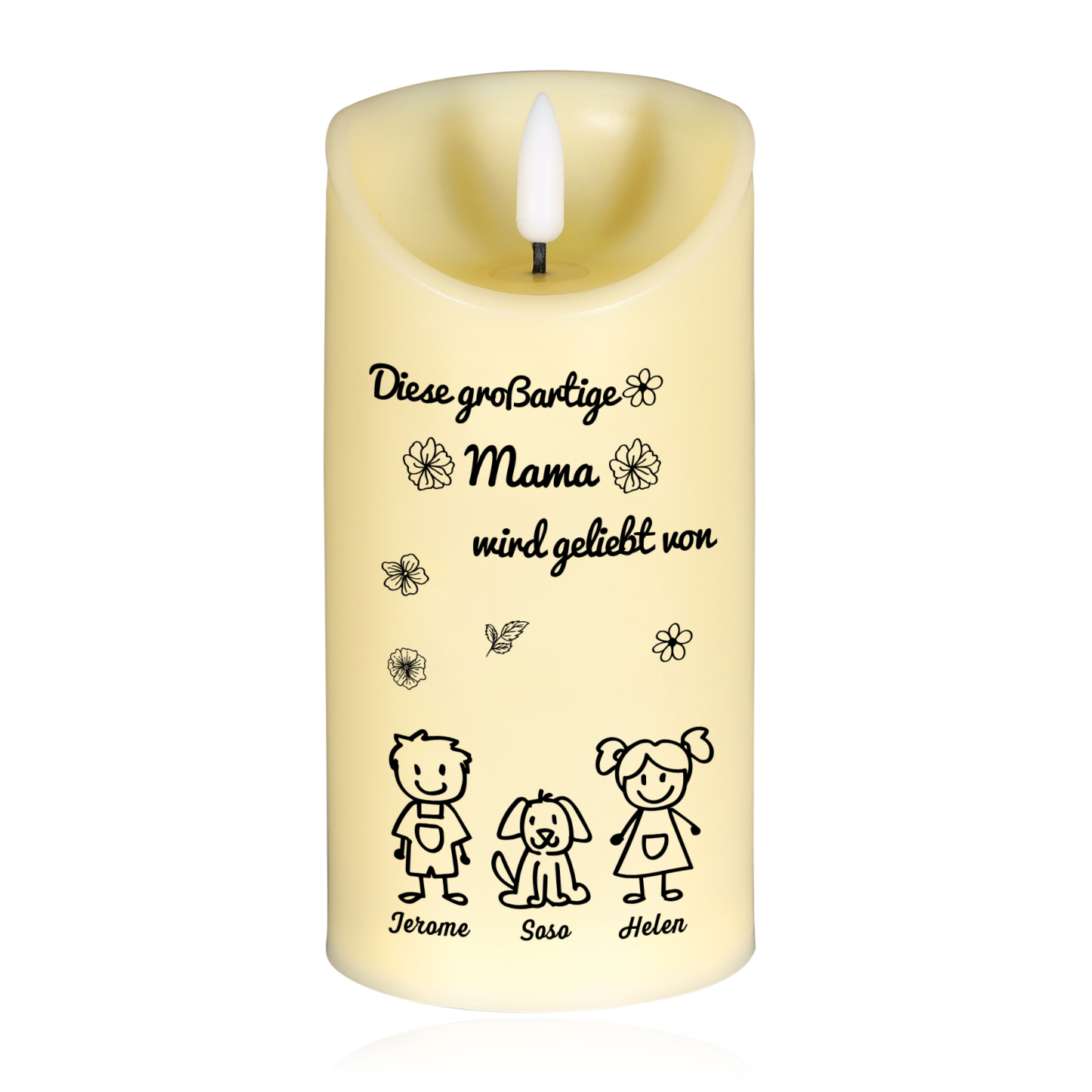 Personalisierte LED-Kerze mit 3 Namen & Muster – Diese großartige Mama wird geliebt von.. – perfektes Geschenk für Mama
