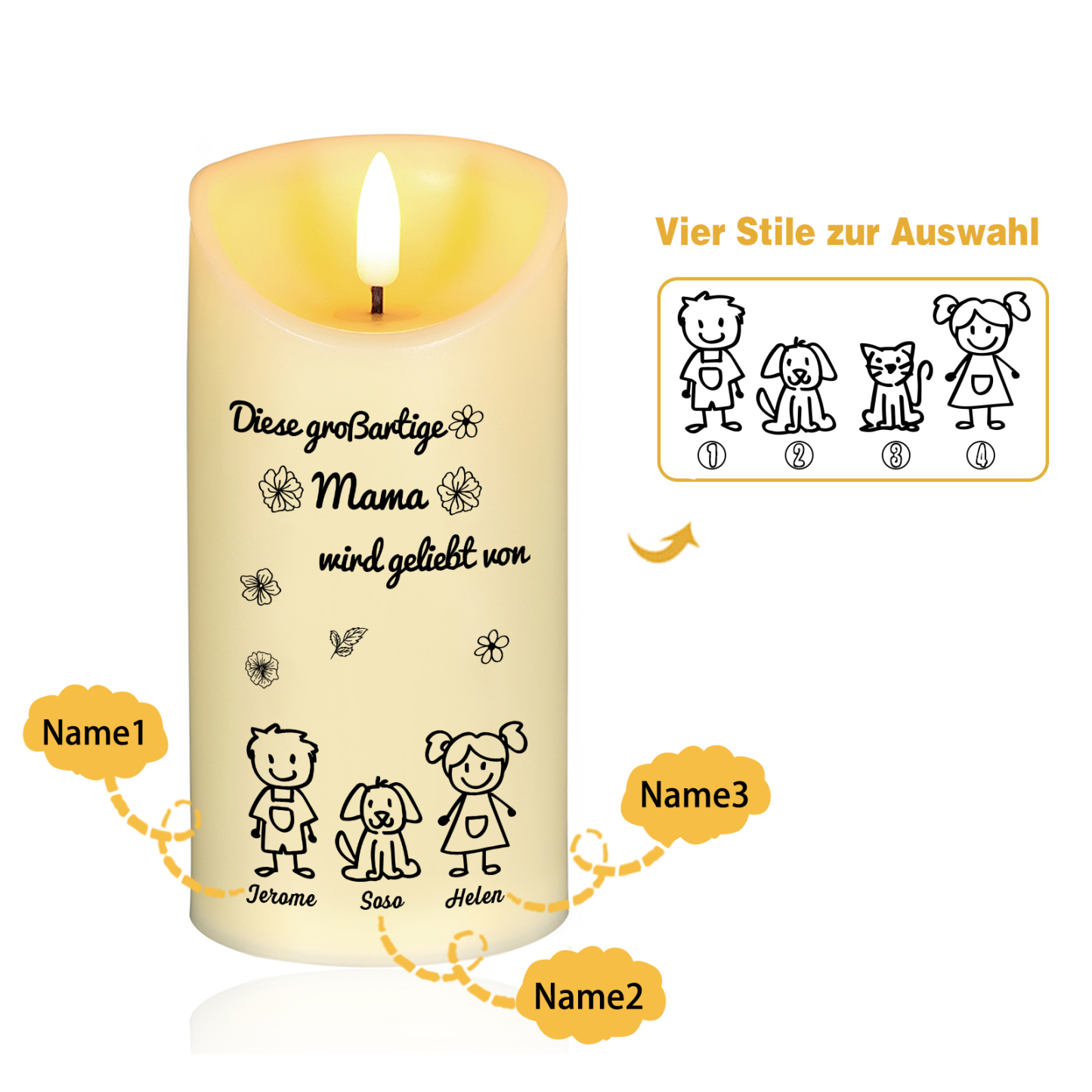 Personalisierte LED-Kerze mit 3 Namen & Muster – Diese großartige Mama wird geliebt von.. – perfektes Geschenk für Mama