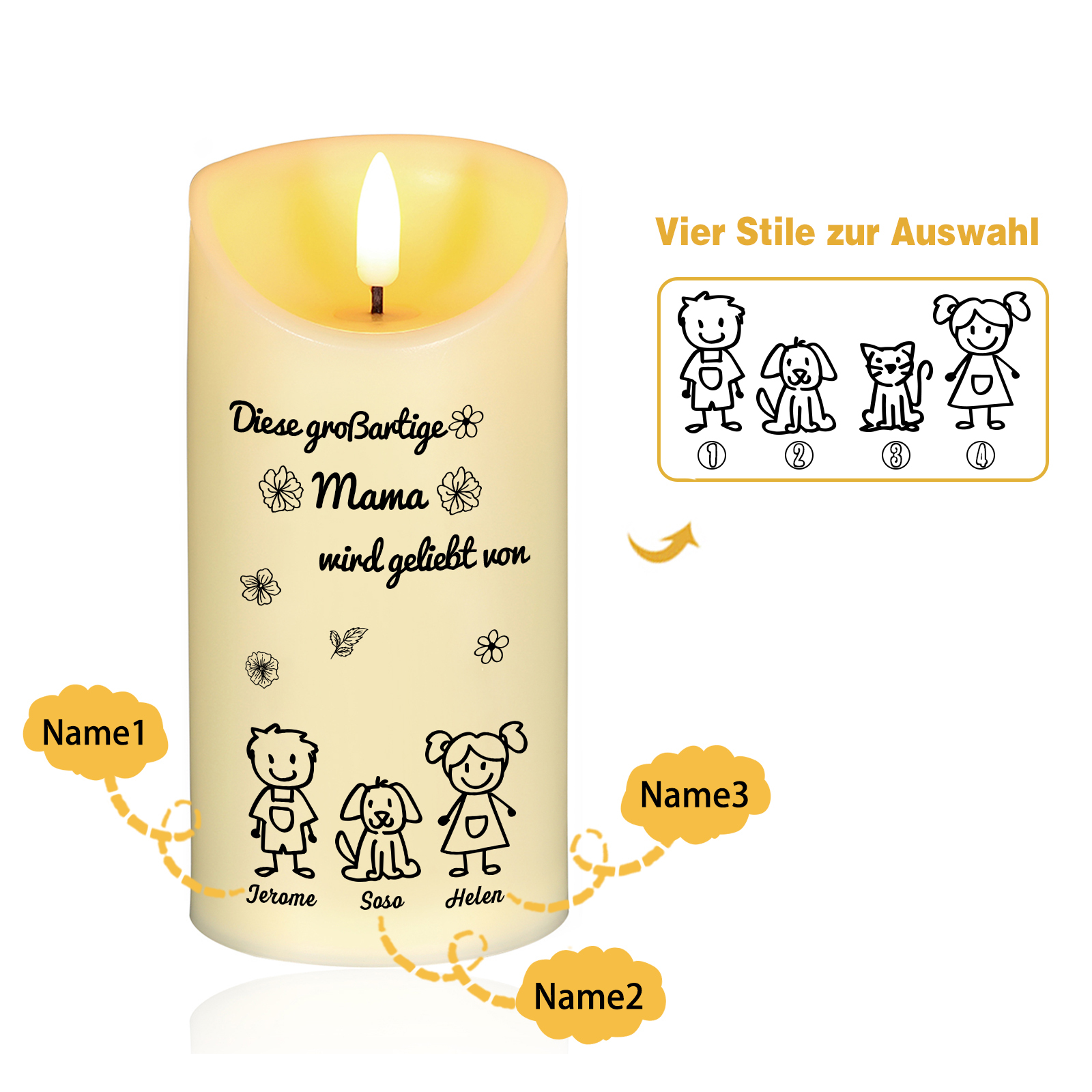 Personalisierte LED-Kerze mit 3 Namen & Muster – Diese großartige Mama wird geliebt von.. – perfektes Geschenk für Mama
