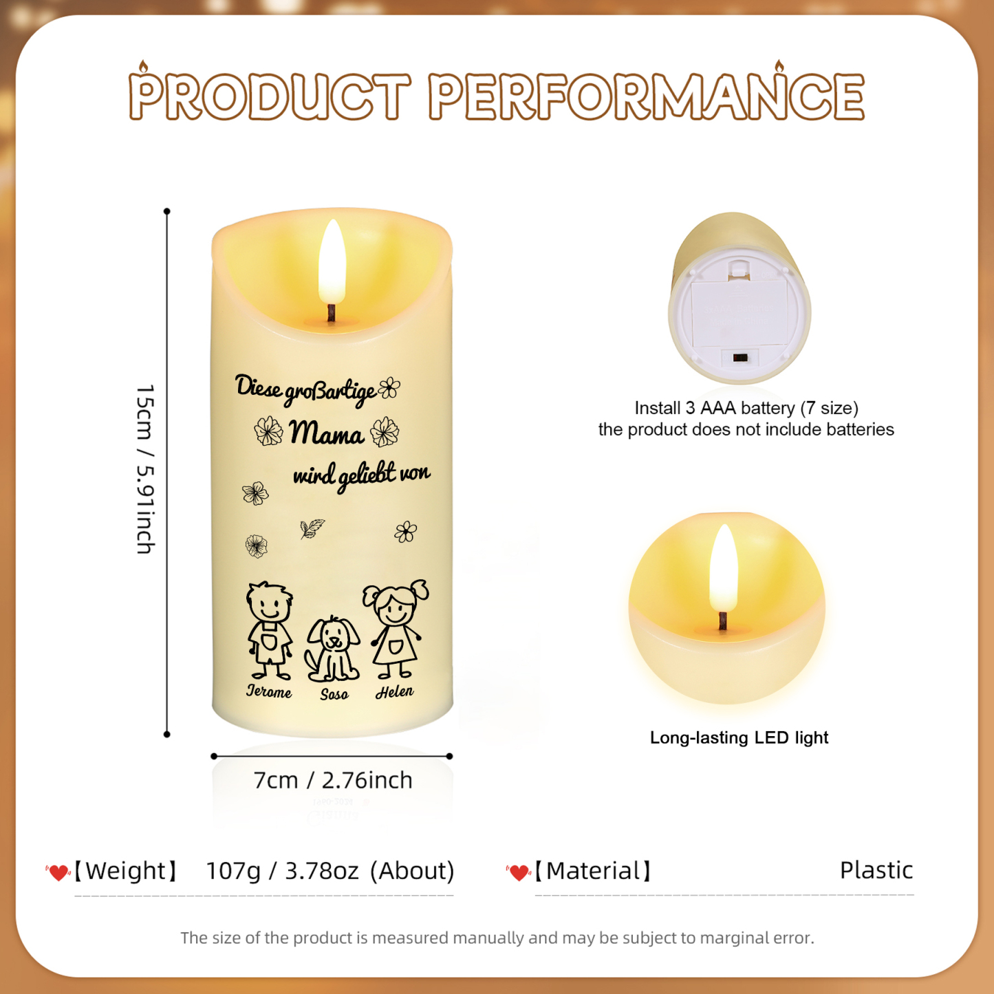 Personalisierte LED-Kerze mit 3 Namen & Muster – Diese großartige Mama wird geliebt von.. – perfektes Geschenk für Mama