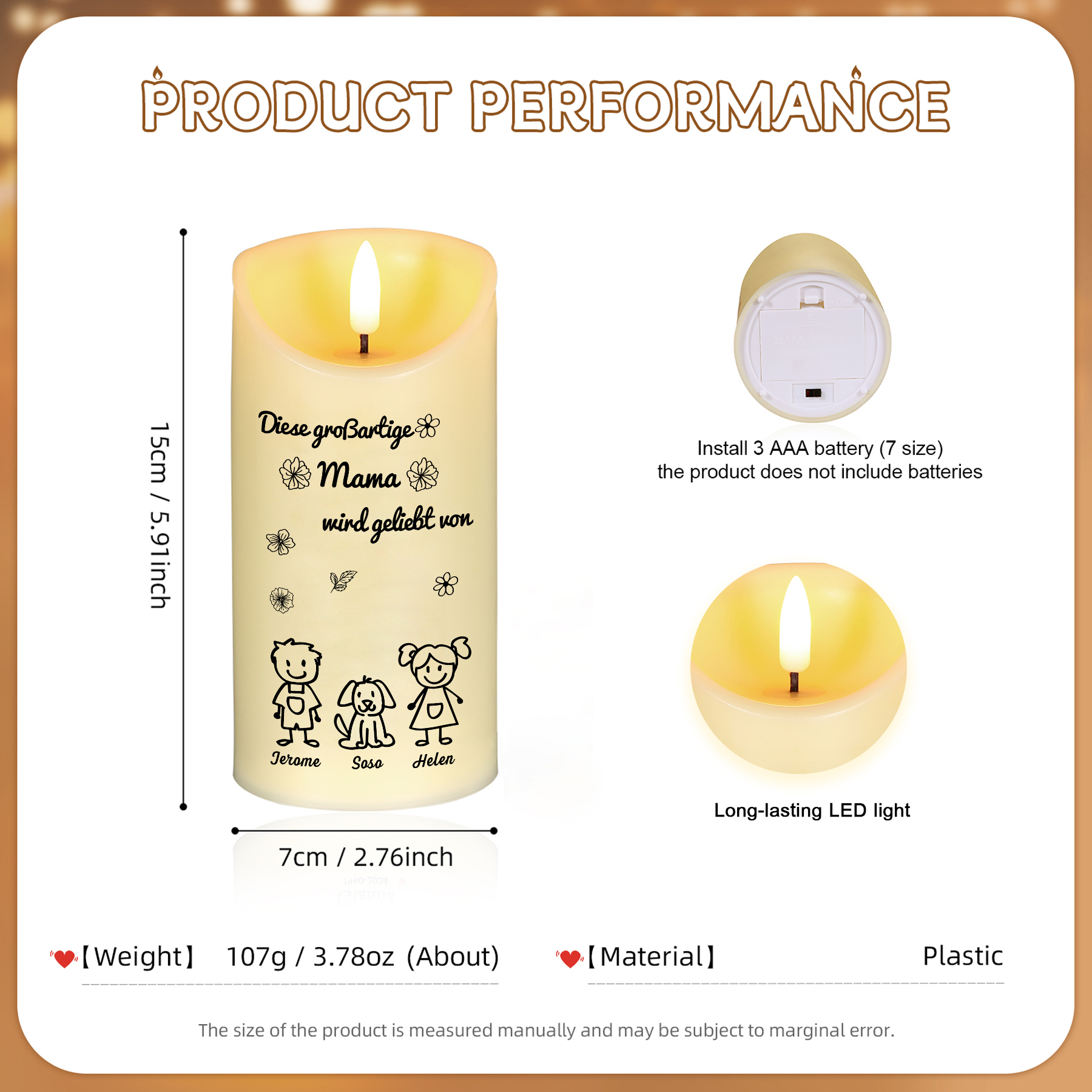 Personalisierte LED-Kerze mit 3 Namen & Muster – Diese großartige Mama wird geliebt von.. – perfektes Geschenk für Mama
