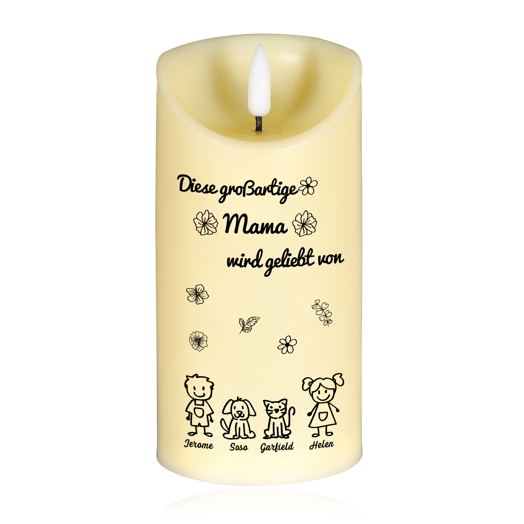 Personalisierte LED-Kerze mit 4 Namen & Muster – Diese großartige Mama wird geliebt von.. – perfektes Geschenk für Mama