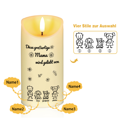 Personalisierte LED-Kerze mit 4 Namen & Muster – Diese großartige Mama wird geliebt von.. – perfektes Geschenk für Mama