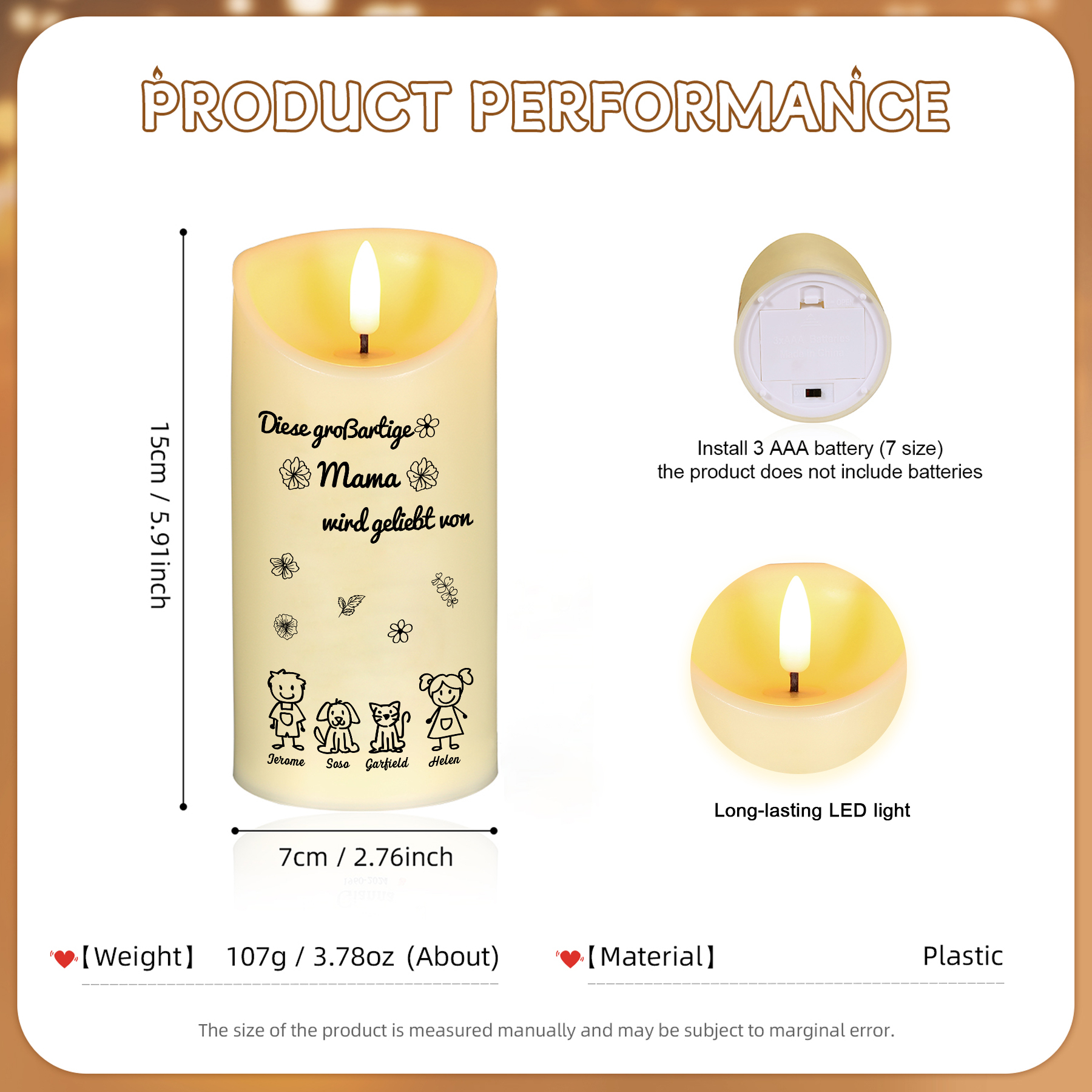 Personalisierte LED-Kerze mit 4 Namen & Muster – Diese großartige Mama wird geliebt von.. – perfektes Geschenk für Mama