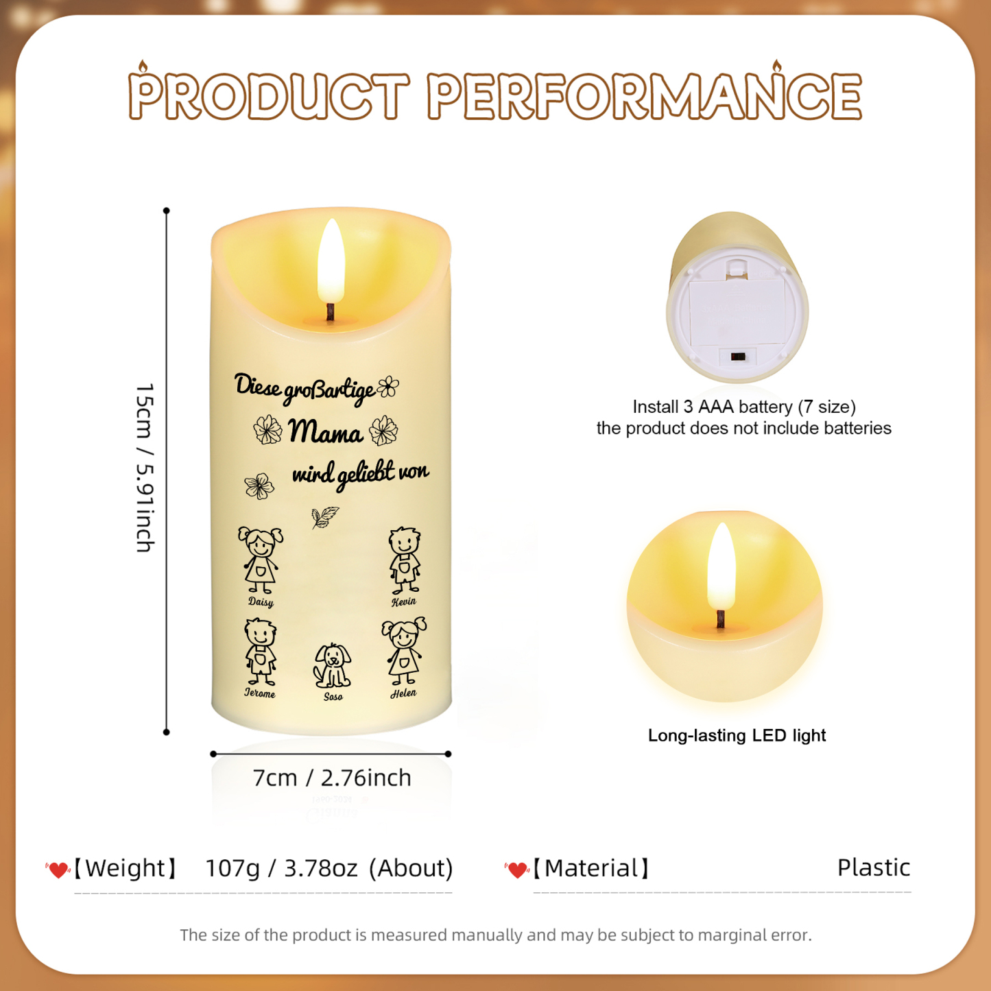 [Copy]Personalisierte LED-Kerze mit 5 Namen & Muster – Diese großartige Mama wird geliebt von.. – perfektes Geschenk für Mama
