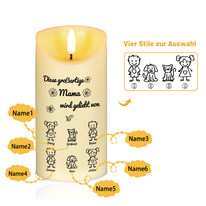 Personalisierte LED-Kerze mit 6 Namen & Muster – Diese großartige Mama wird geliebt von.. – perfektes Geschenk für Mama