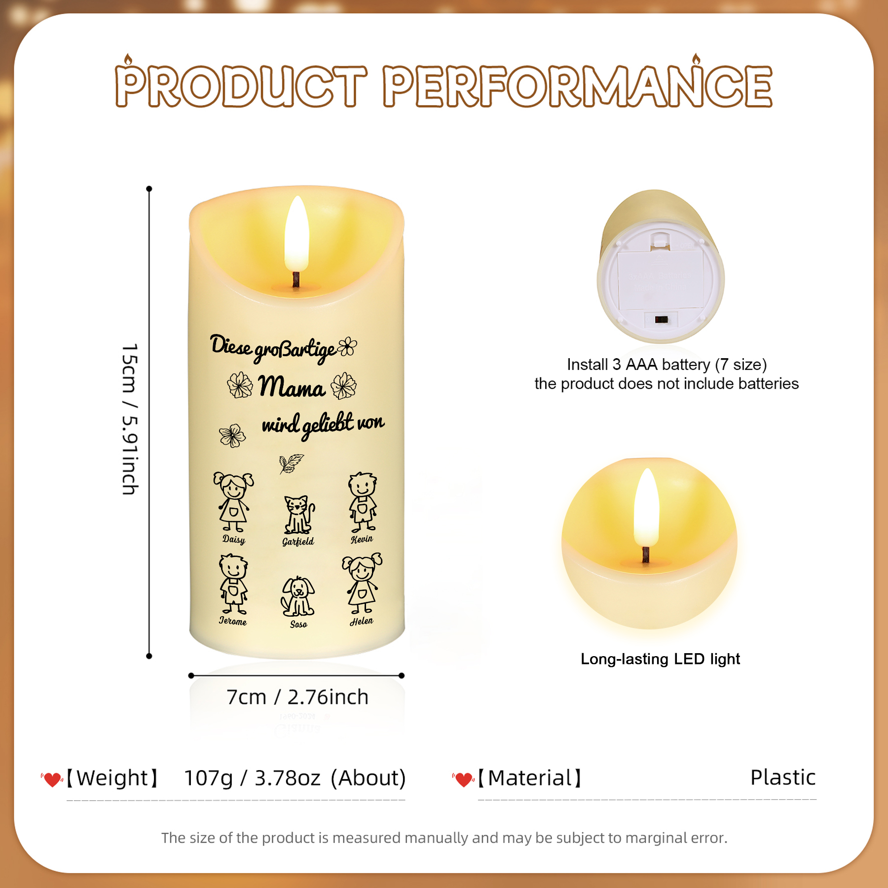 Personalisierte LED-Kerze mit 6 Namen & Muster – Diese großartige Mama wird geliebt von.. – perfektes Geschenk für Mama