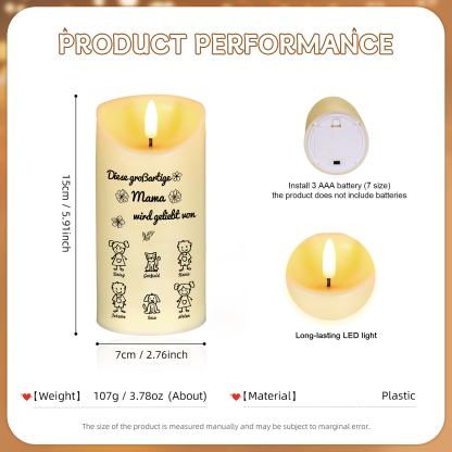 Personalisierte LED-Kerze mit 6 Namen & Muster – Diese großartige Mama wird geliebt von.. – perfektes Geschenk für Mama