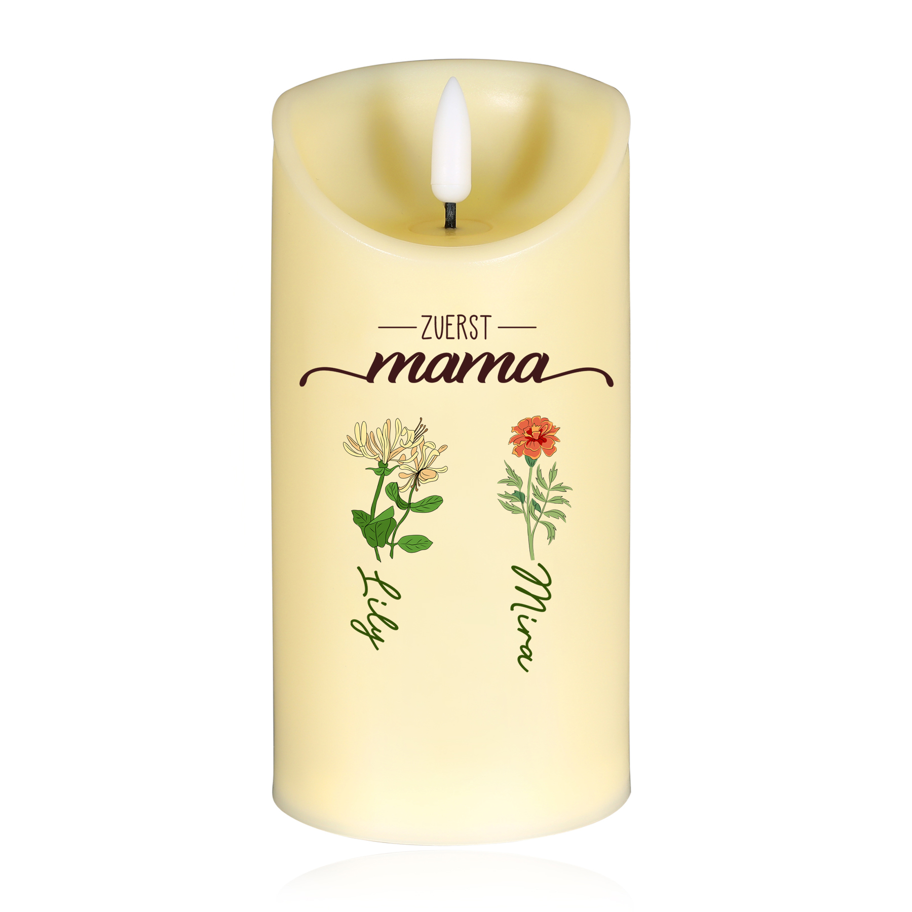 Personalisierbarer Name & Blume LED-Gedenk-Kerze – Zuerst Mama, Jetzt Oma