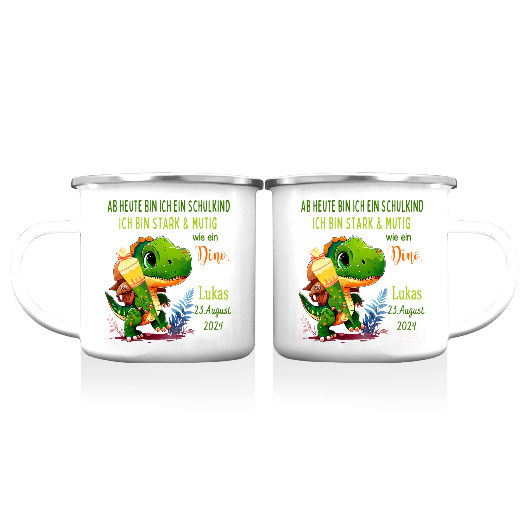 Emaille Tasse-Personalisierter Name & Datum Dino Becher - Ich bin stark & mutig wie ein Dino - Geschenk zum Schulanfang