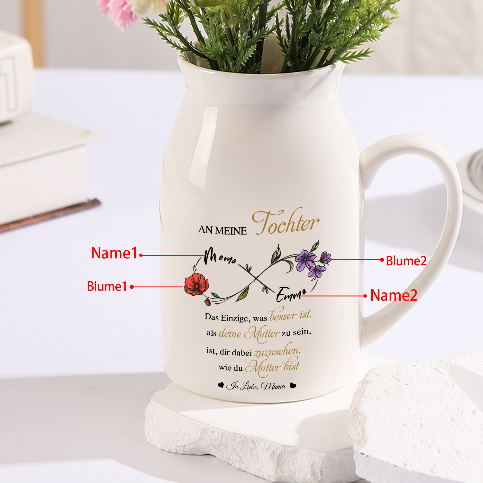 Personalisierte 2 Namen & Geburtsblumen-An meine Tochter- Gießvase mit Henkel Mama Vase-Pefektes Geschenk für Tochter