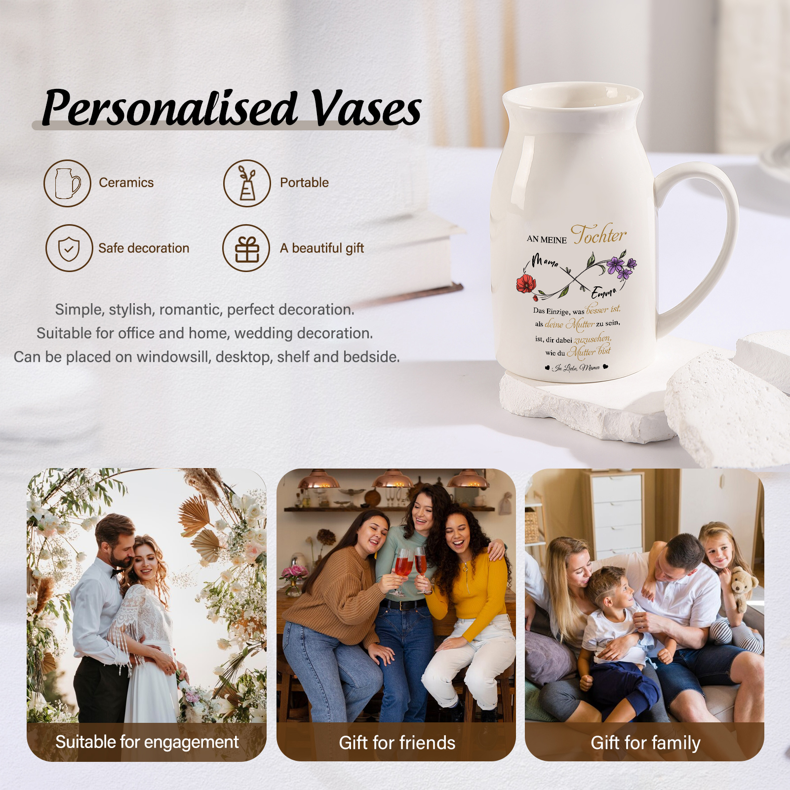 Personalisierte 2 Namen & Geburtsblumen-An meine Tochter- Gießvase mit Henkel Mama Vase-Pefektes Geschenk für Tochter