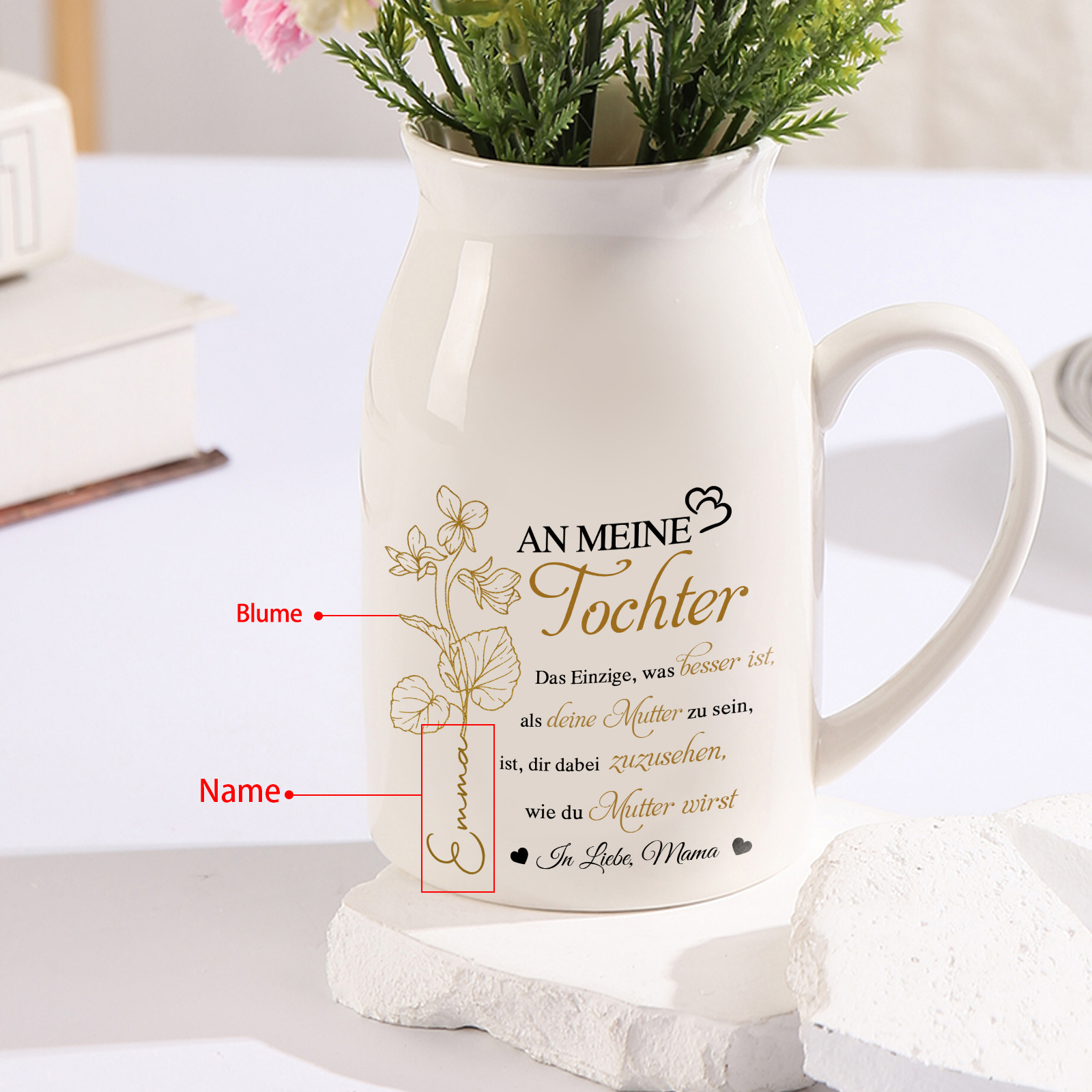 Personalisierte 1 Name & Geburtsblume-An meine Tochter- Gießvase mit Henkel Mama Vase-Pefektes Geschenk für Tochter