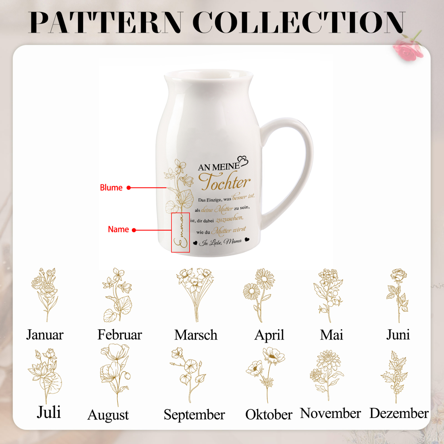 Personalisierte 1 Name & Geburtsblume-An meine Tochter- Gießvase mit Henkel Mama Vase-Pefektes Geschenk für Tochter