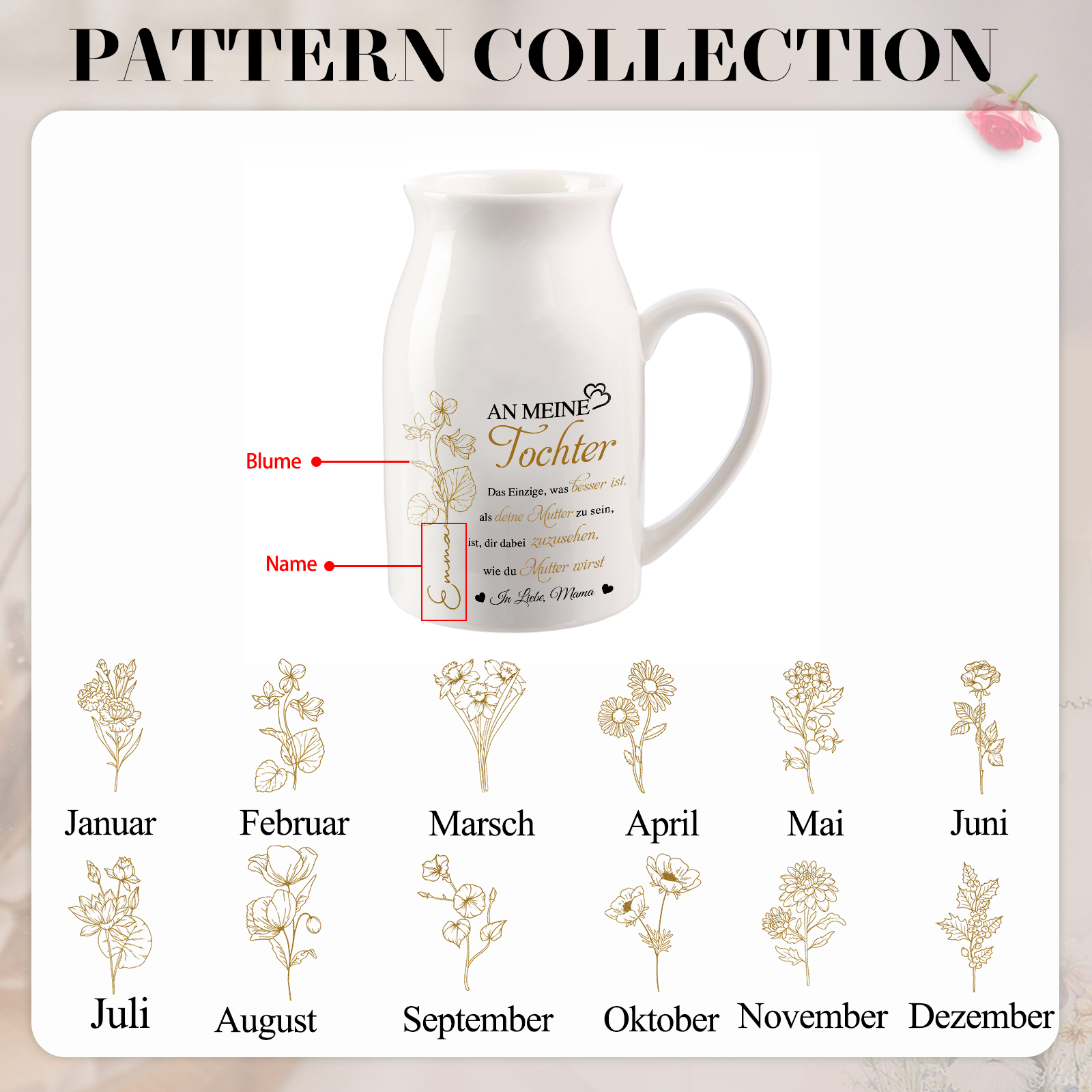 Personalisierte 1 Name & Geburtsblume-An meine Tochter- Gießvase mit Henkel Mama Vase-Pefektes Geschenk für Tochter