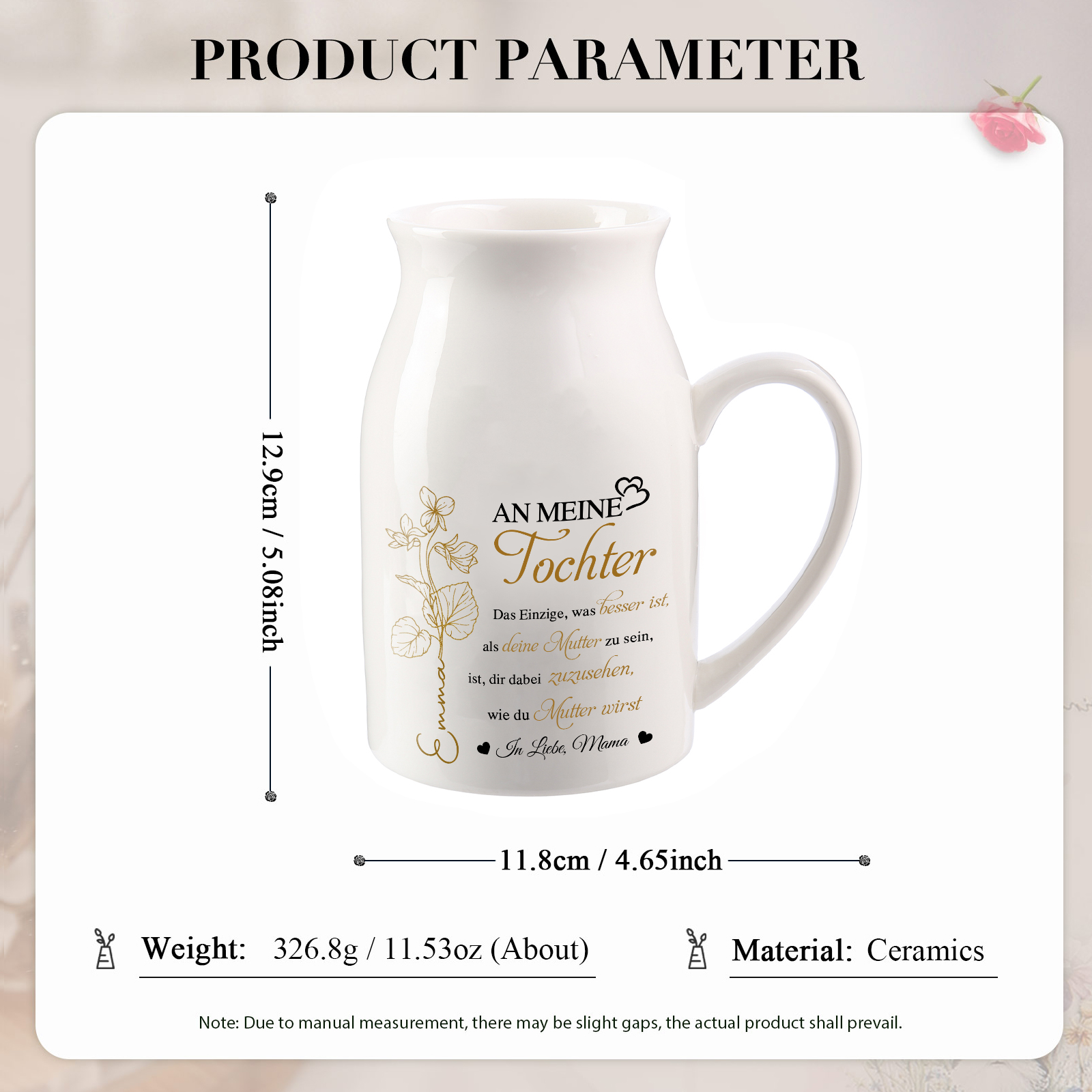 Personalisierte 1 Name & Geburtsblume-An meine Tochter- Gießvase mit Henkel Mama Vase-Pefektes Geschenk für Tochter