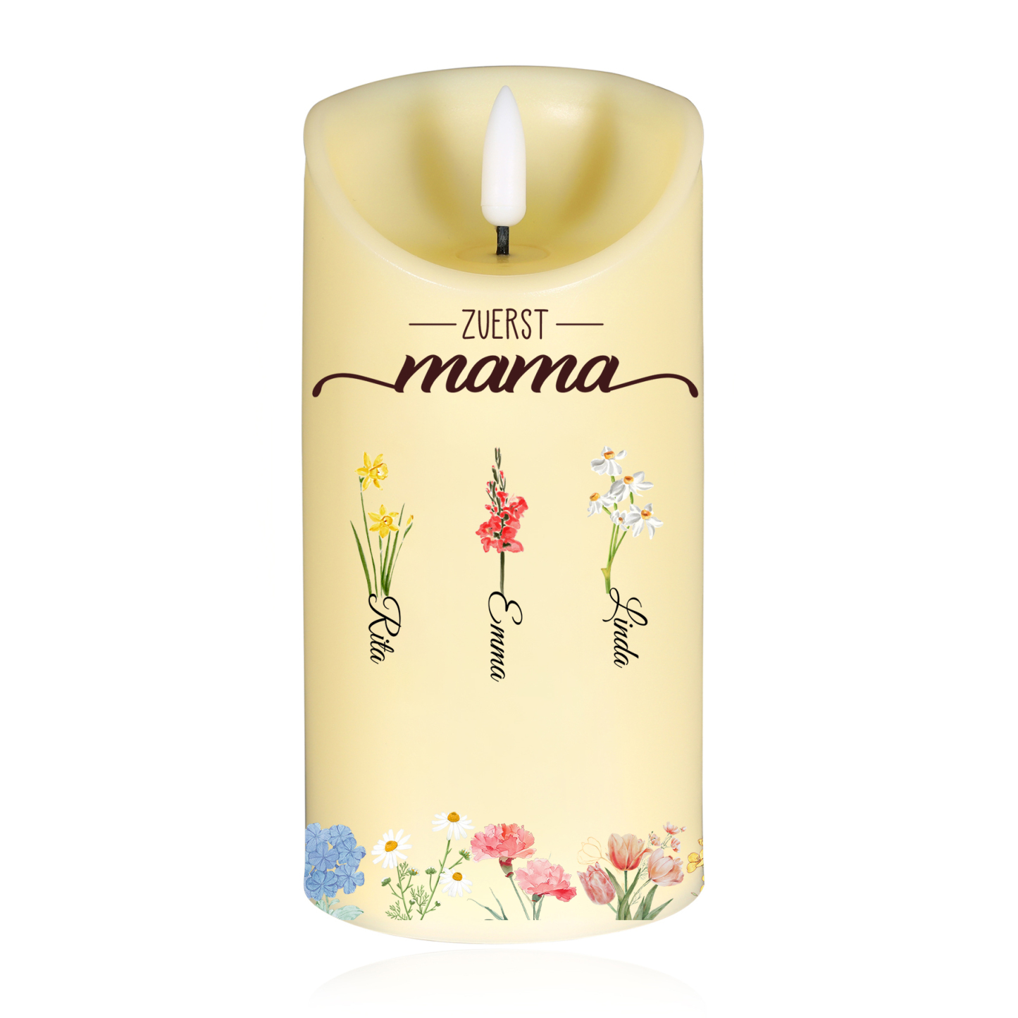 Personalisierbarer Name & Blume LED-Gedenk-Kerze – Zuerst Mama, Jetzt Oma