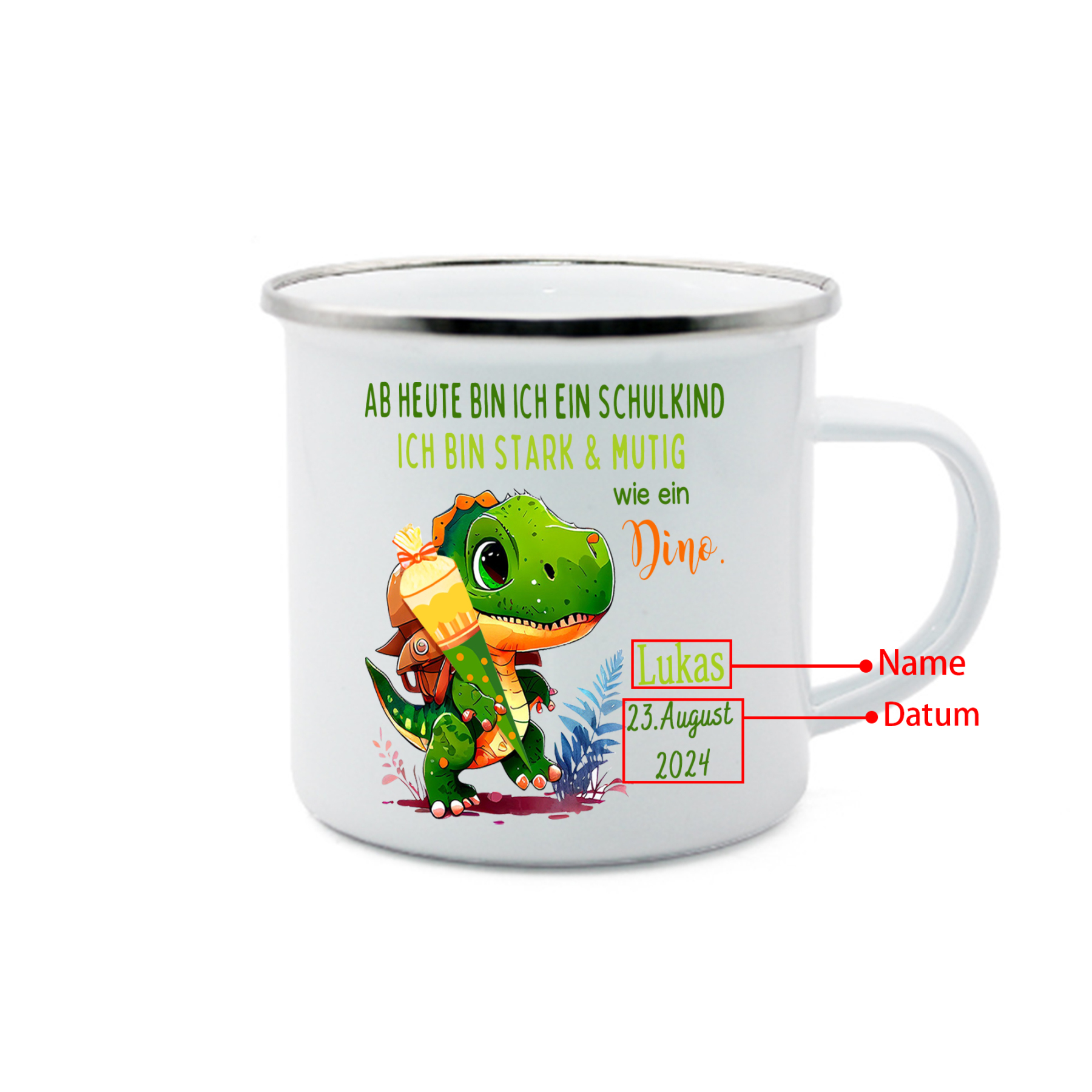 Emaille Tasse-Personalisierter Name & Datum Dino Becher - Ich bin stark & mutig wie ein Dino - Geschenk zum Schulanfang