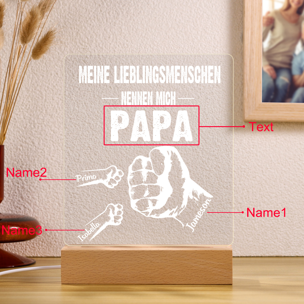 Personalisierte 3 Namen & Text PAPA Faust Nachtlicht- Meine Lieblingsmenschen nennen mich Papa-Geschenk für Vater-Unsere Familie
