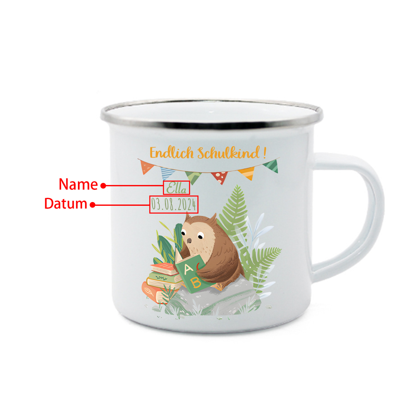 [Copy]Emaille Tasse-Personalisierter Name & Datum Becher - Hurra endlich bin ich ein Schulkind - Geschenk zum Schulanfang