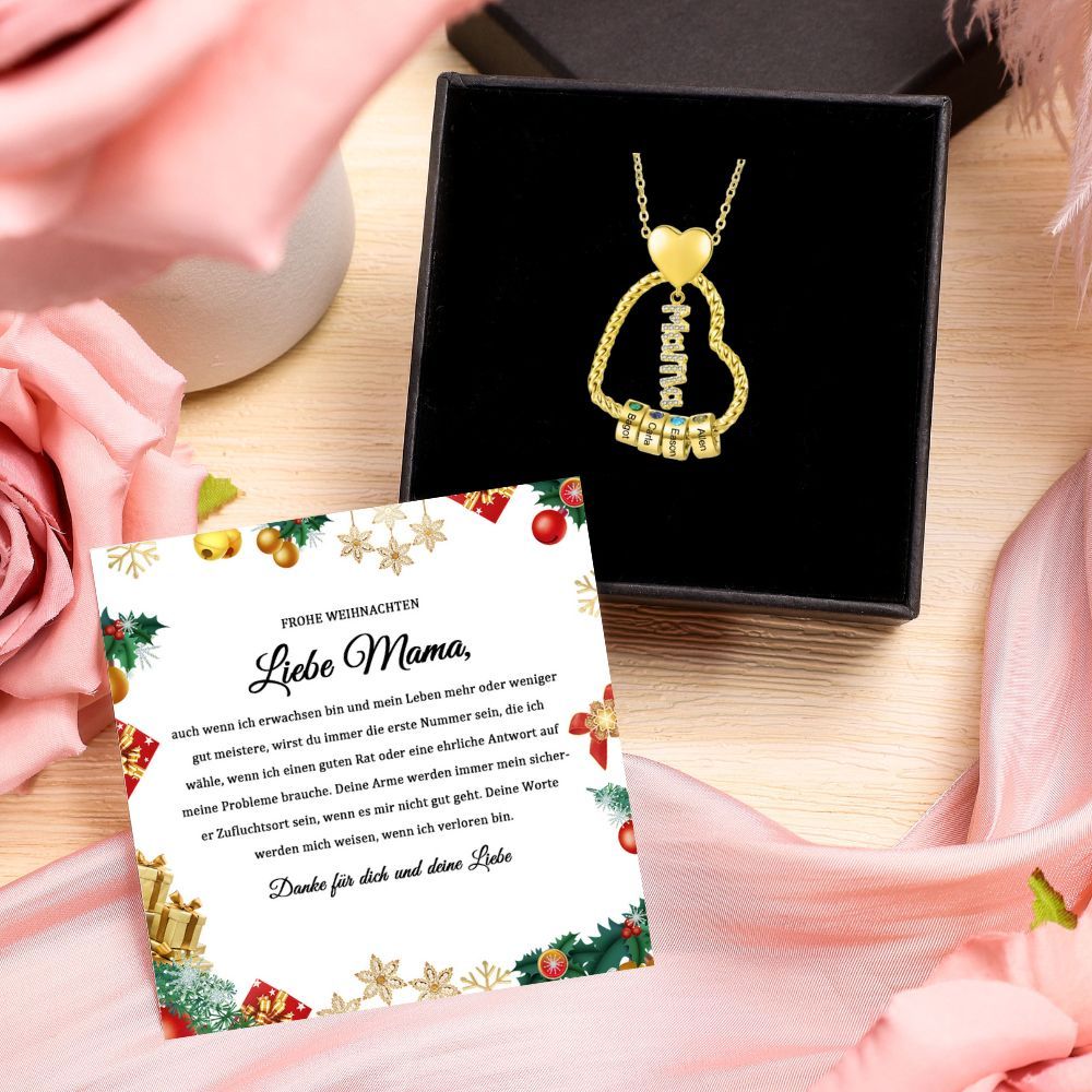 Personalisierte 1-5 Namen Herz Halskette mit 1-5 Geburtssteinen & Weihnachts-Geschenkkarte & GeschenkBox für Mama Mutter Geschenkkarte Set
