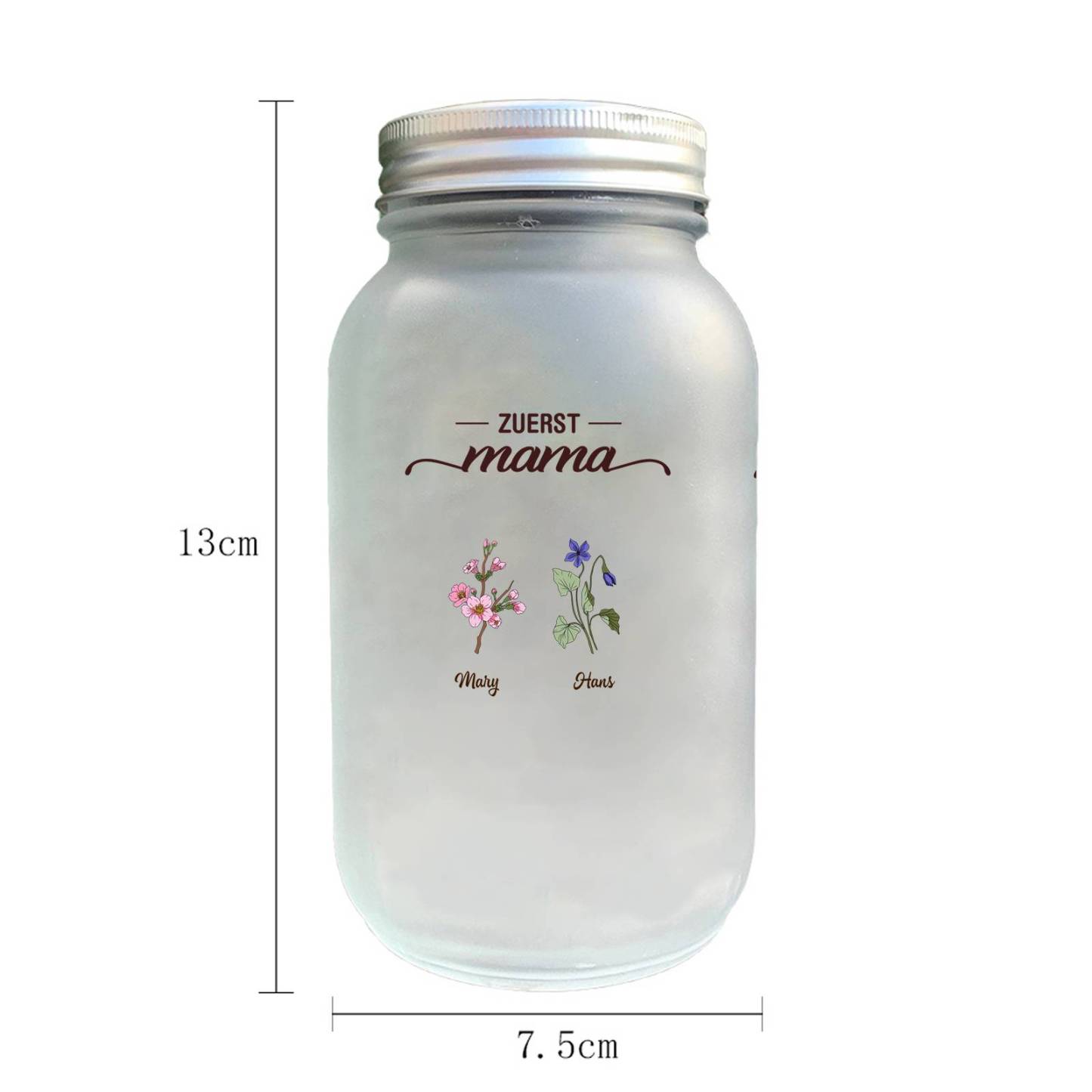 Personalisierte Solar-Glasflasche im Mason-Jar-Stil mit Blumenmotiv – Geschenk „Erst Mama, jetzt Oma“
