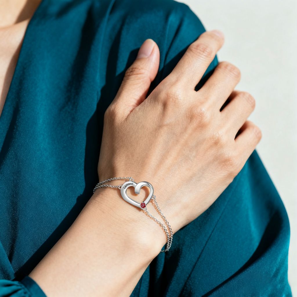 Personalisierbares Herz-Armband mit 2–3 Namen und Geburtssteinen