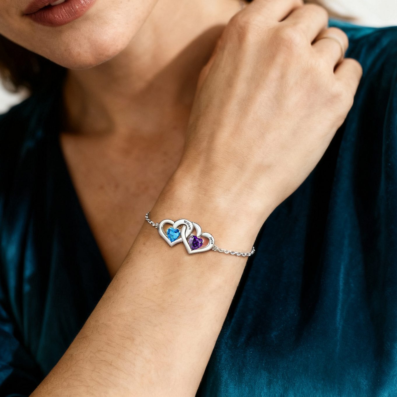 Personalisiertes Herzarmband mit 2 Namen & 2 Geburtssteinen – Liebevolles Geschenk für Sie