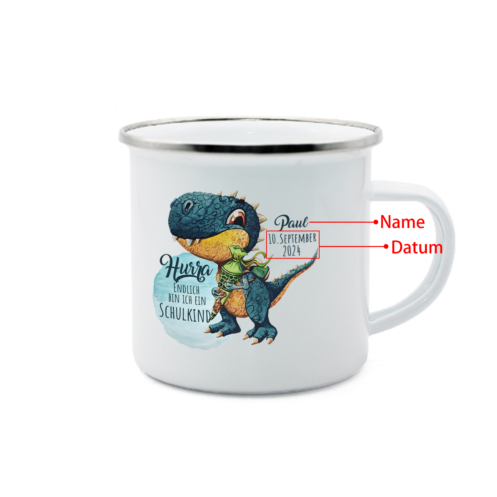 [Copy]Schulanfang Geschenkset -Personalisierter Name & Datum Emaille Tasse & 20 cm Lineal & Dino Armbänder Set - Geschenk für Schulkind mit Geschenk Box