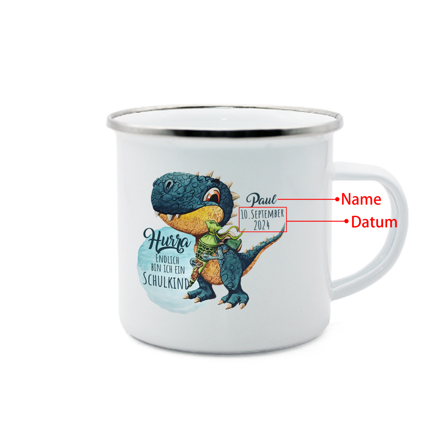 [Copy]Schulanfang Geschenkset -Personalisierter Name & Datum Emaille Tasse & 20 cm Lineal & Dino Armbänder Set - Geschenk für Schulkind mit Geschenk Box