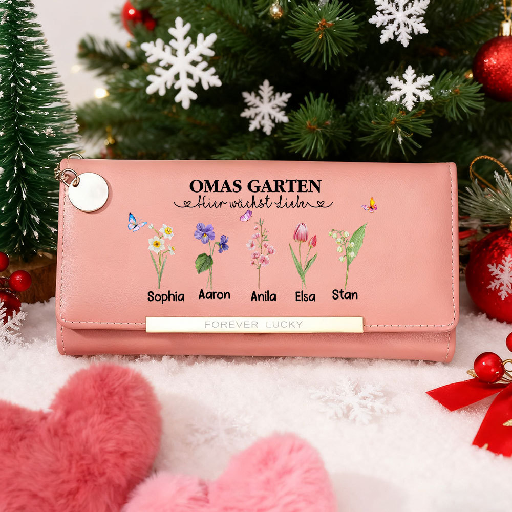 Großeltern-Tag Oma Geldbörse Individuell mit  2 Texte und 1-6 Geburtsblumen & 1-6 Namen Muttertag Geschenk