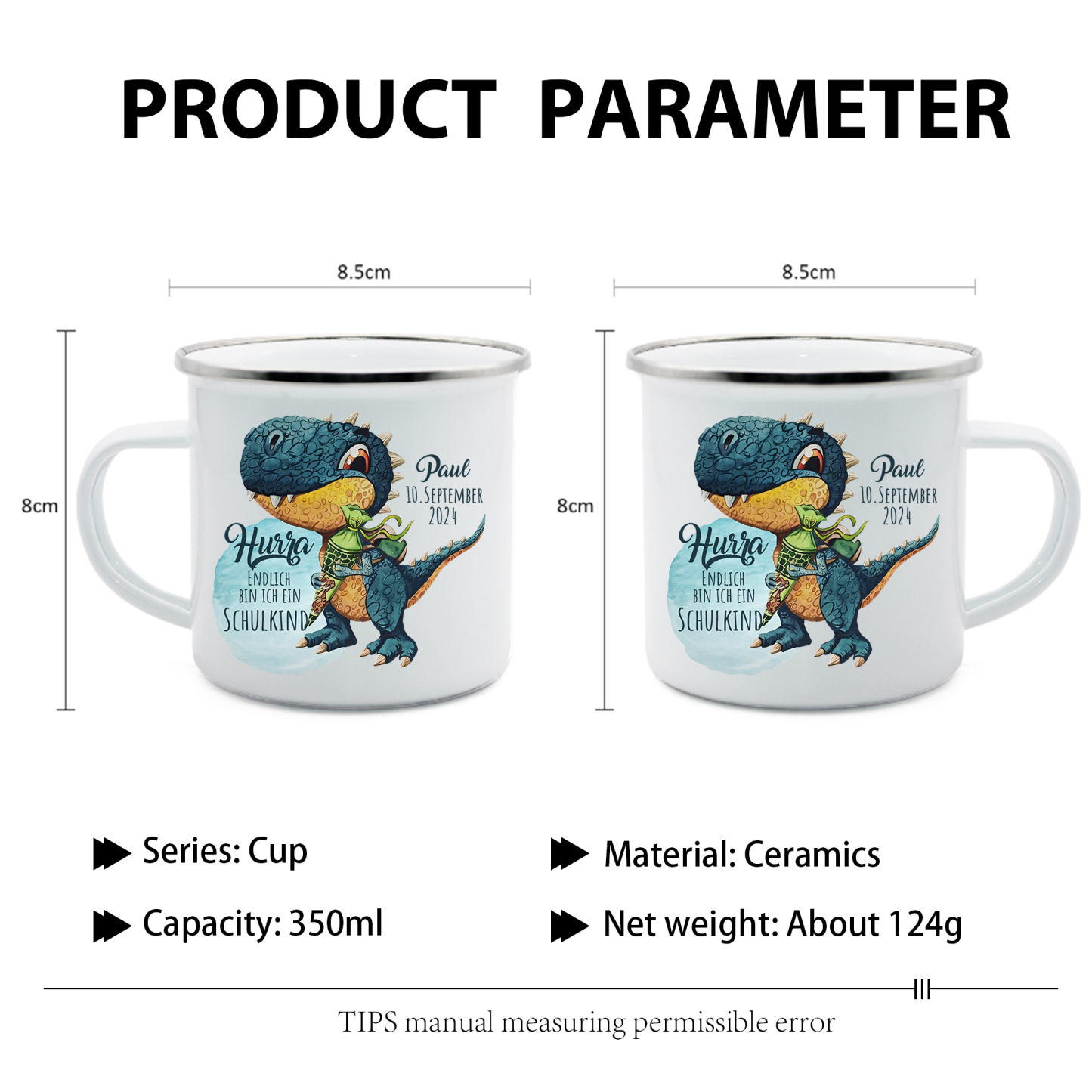 [Copy]Schulanfang Geschenkset -Personalisierter Name & Datum Emaille Tasse & 20 cm Lineal & Dino Armbänder Set - Geschenk für Schulkind mit Geschenk Box