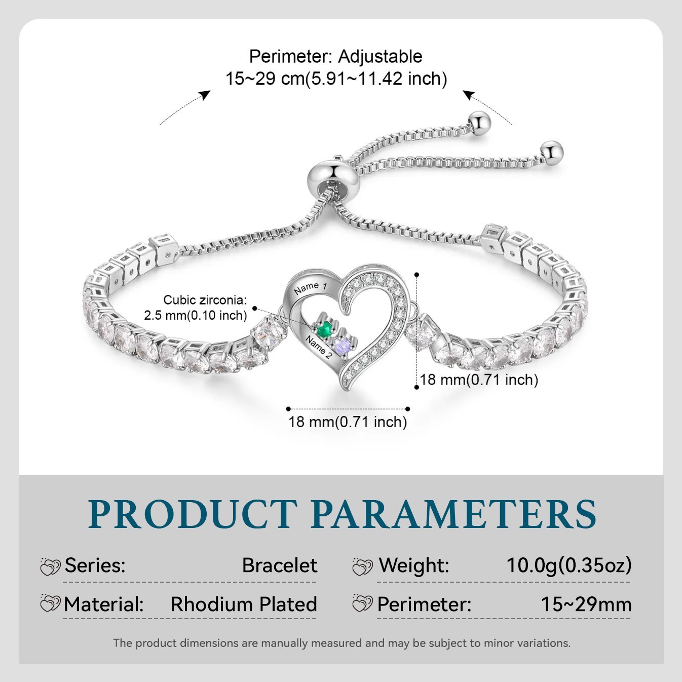 Personalisierbares Tennisarmband mit 2-4 Namen, Herz und Geburtssteinen