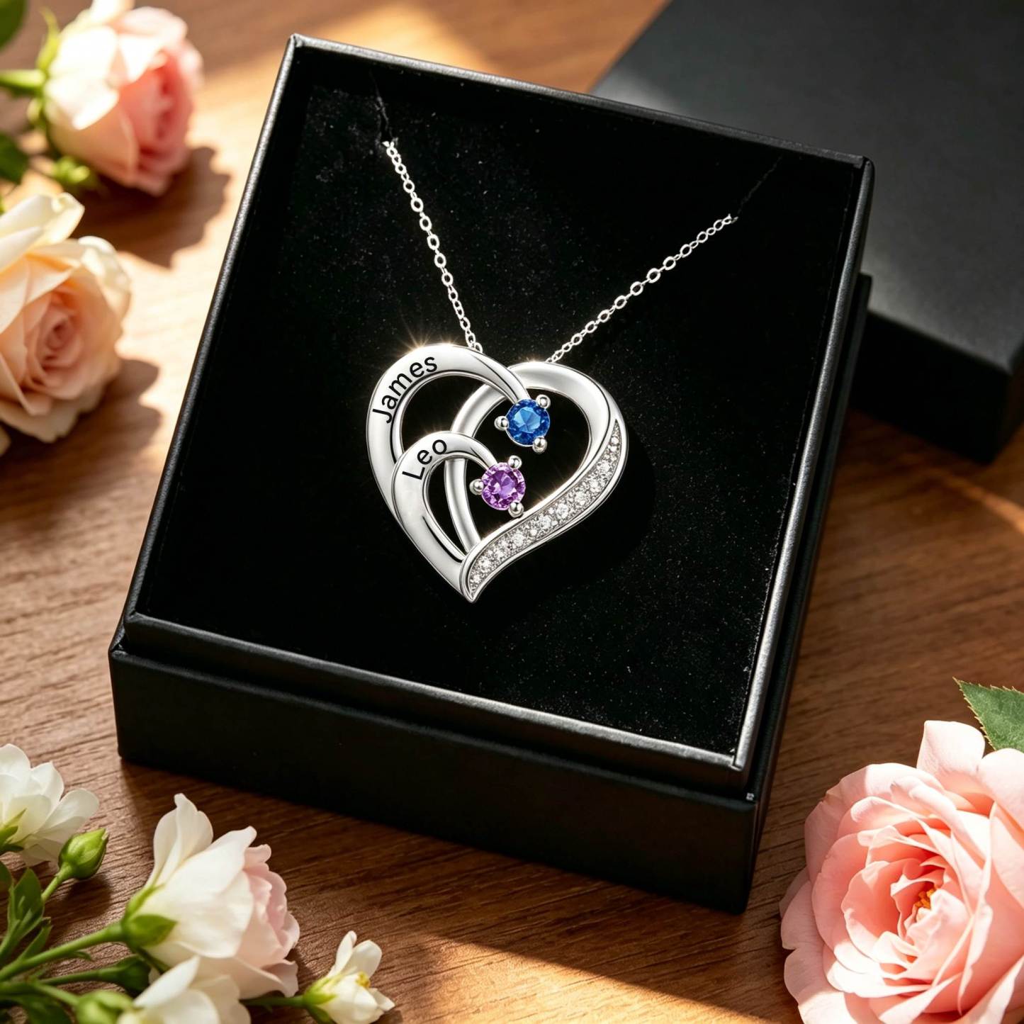 925 Sterling Silber Personalisierte 3 Namen Herz Halskette mit 3 Geburtssteinen