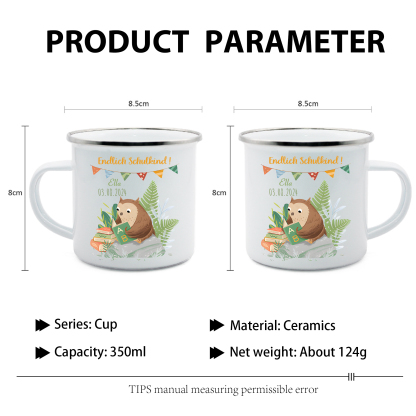 [Copy]Emaille Tasse-Personalisierter Name & Datum Becher - Hurra endlich bin ich ein Schulkind - Geschenk zum Schulanfang