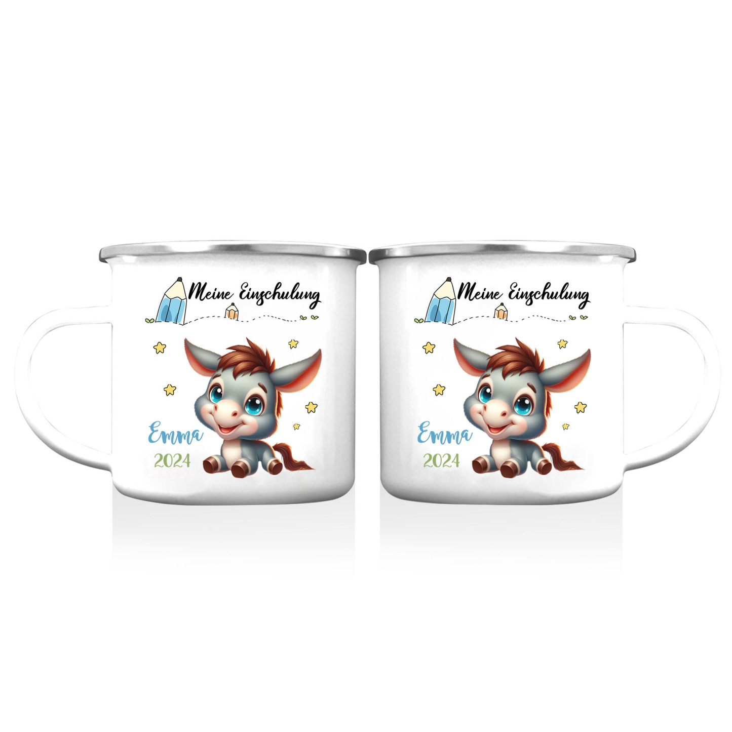 Emaille Tasse-Personalisierter Name & Datum Eselchen Becher -Meine Einschulung- Geschenk zum Schulanfang