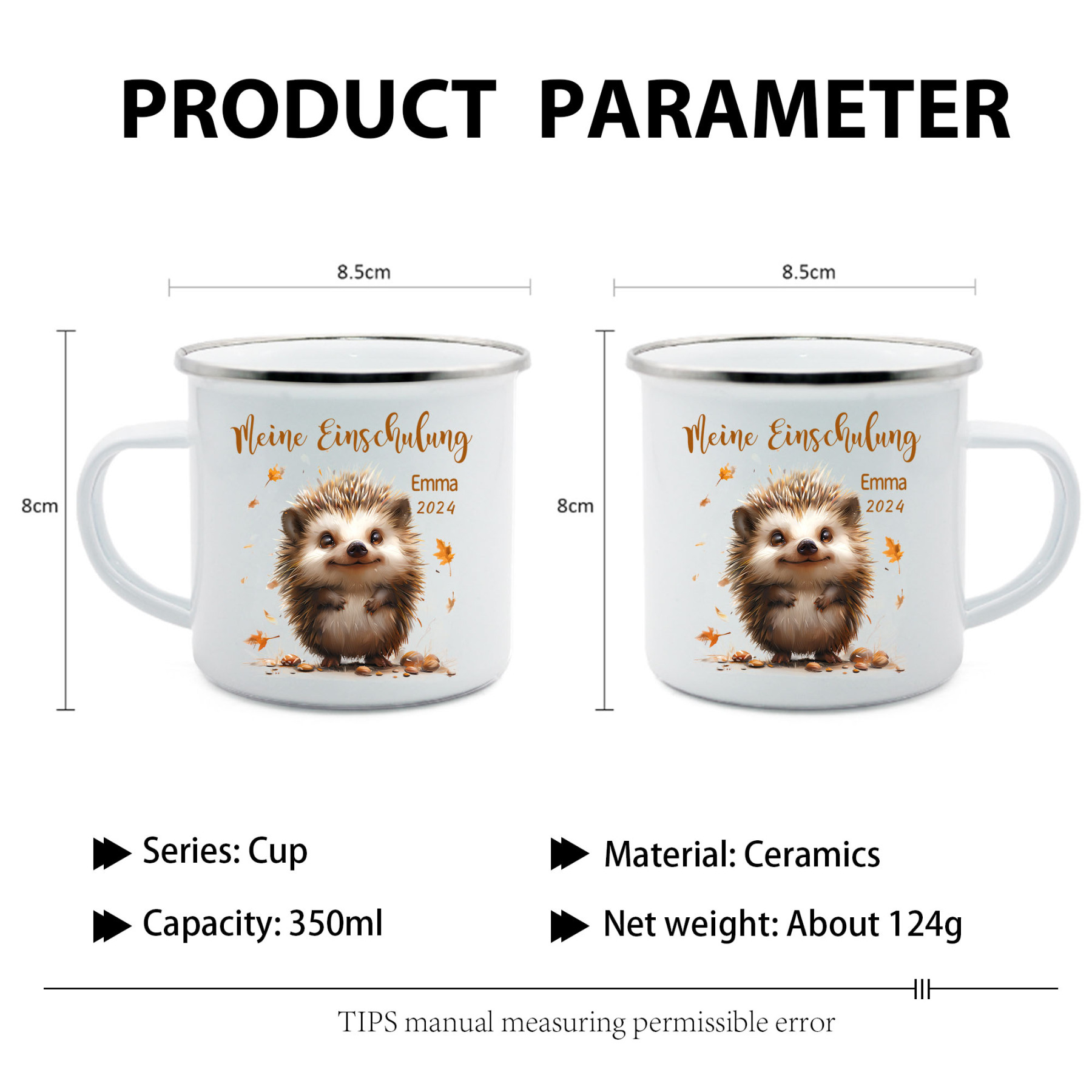Emaille Tasse-Personalisierter Name & Datum Igel Becher -Meine Einschulung- Geschenk zum Schulanfang