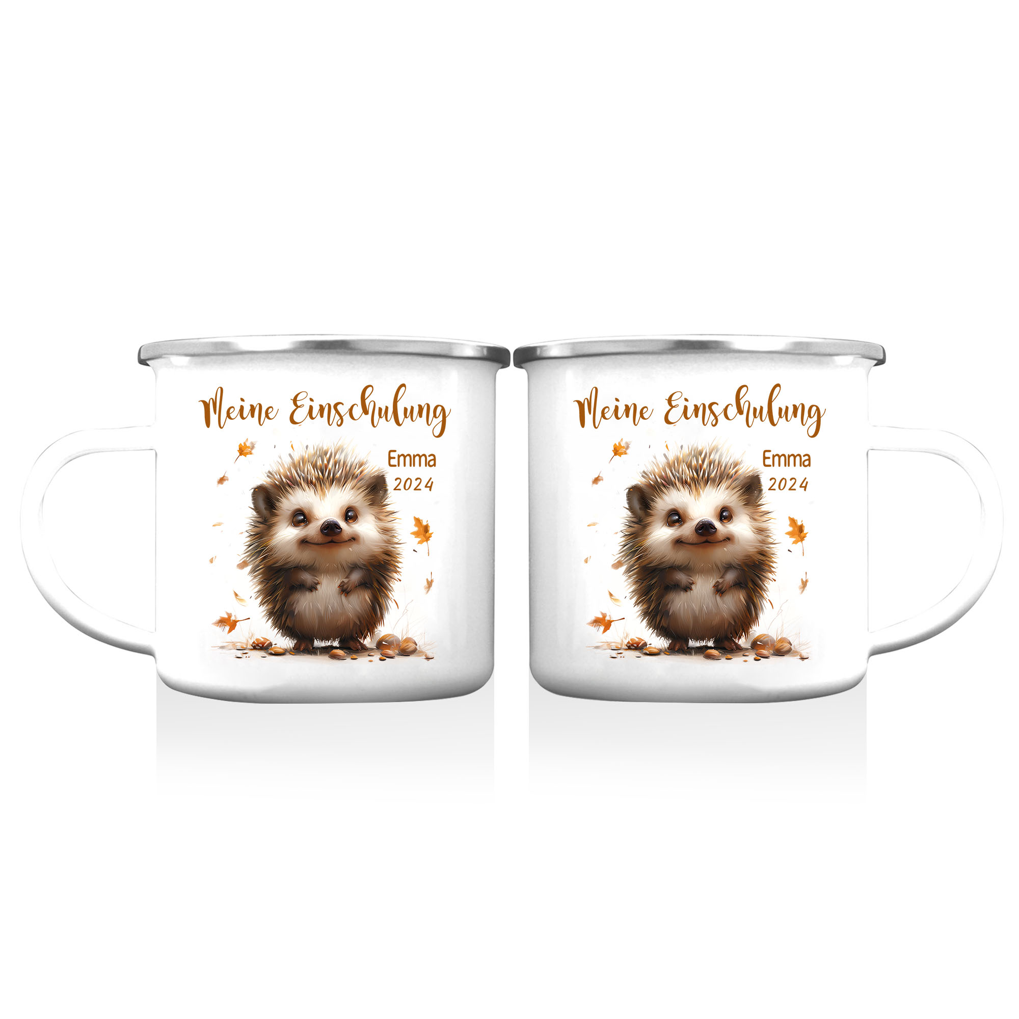 Emaille Tasse-Personalisierter Name & Datum Igel Becher -Meine Einschulung- Geschenk zum Schulanfang