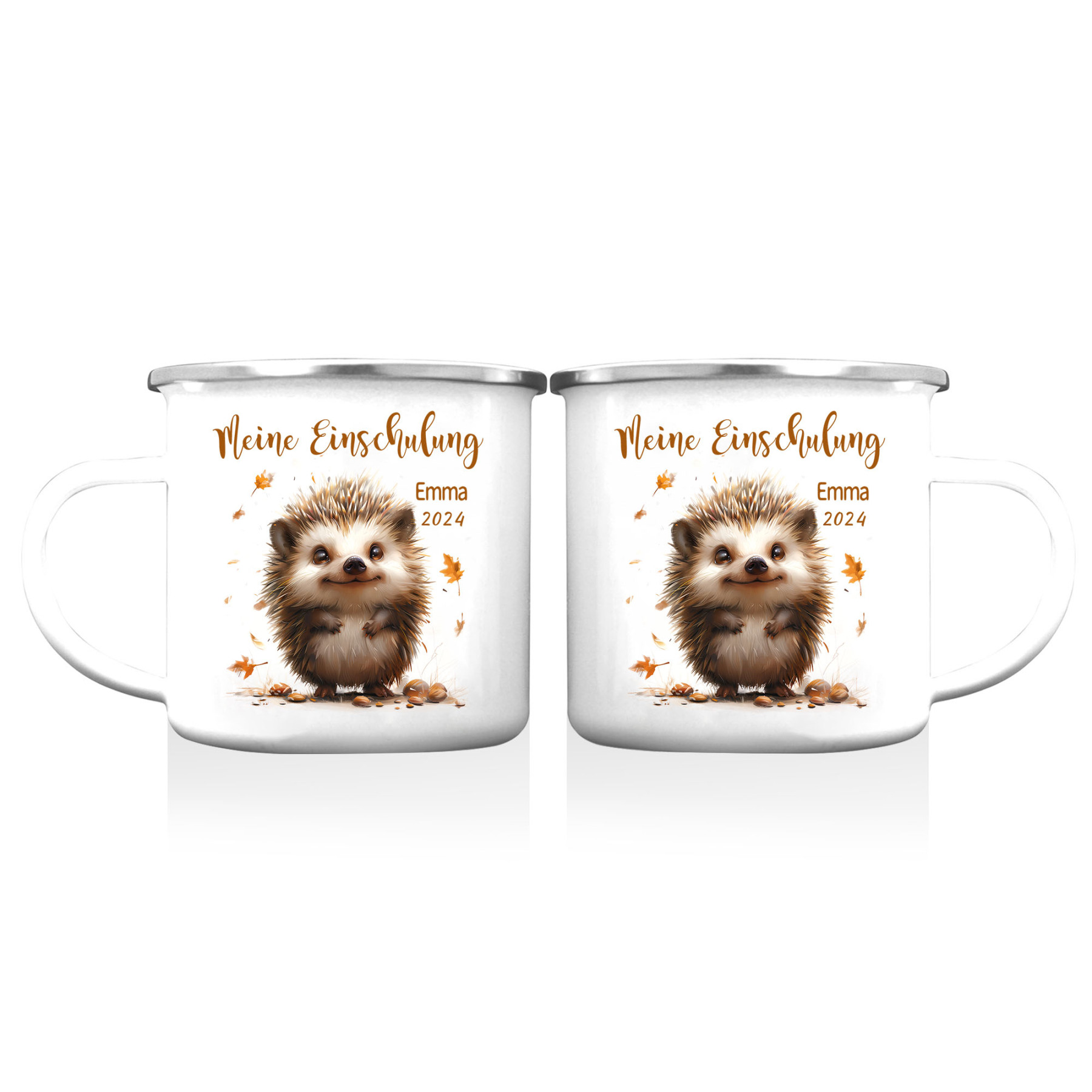 Emaille Tasse-Personalisierter Name & Datum Igel Becher -Meine Einschulung- Geschenk zum Schulanfang