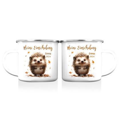 Emaille Tasse-Personalisierter Name & Datum Igel Becher -Meine Einschulung- Geschenk zum Schulanfang