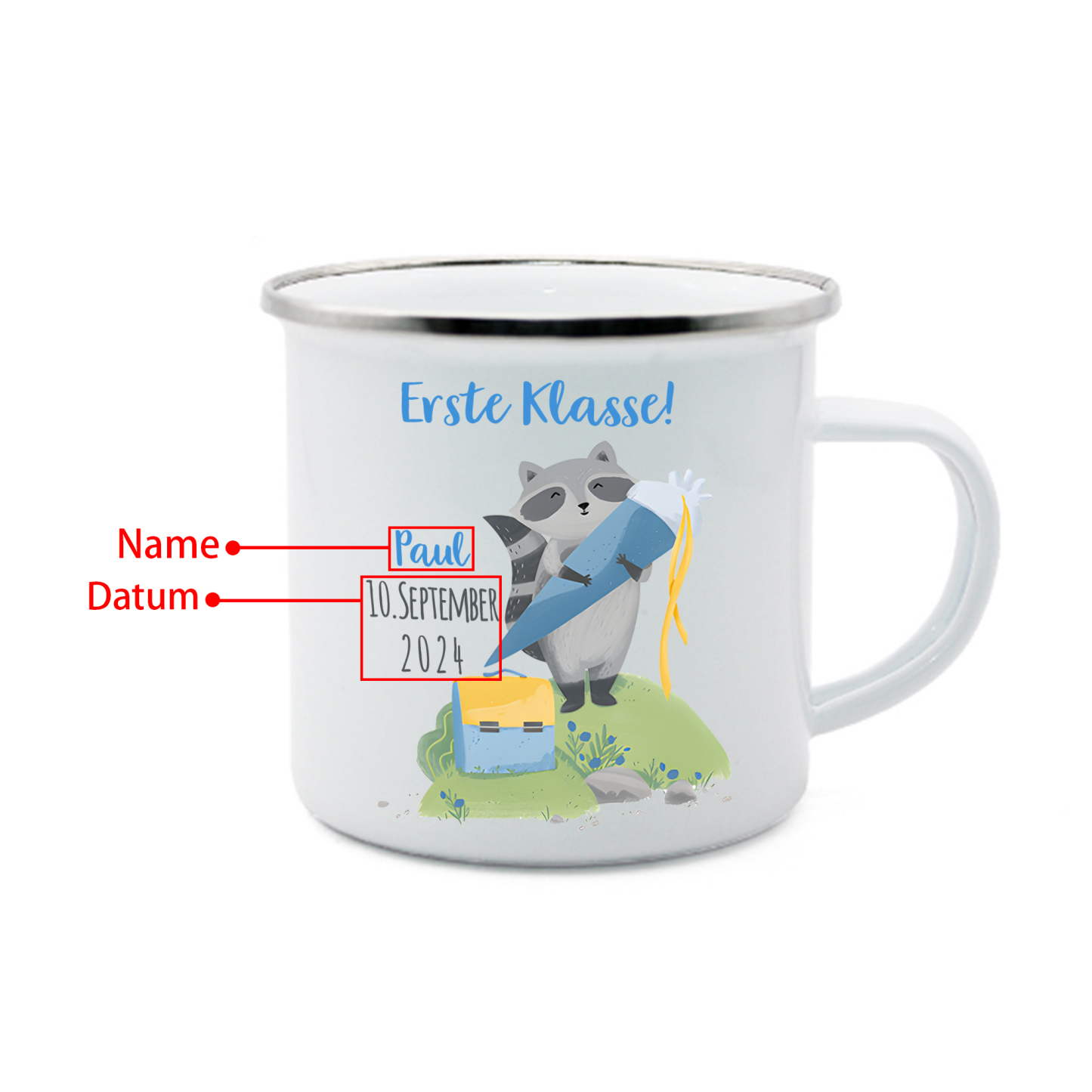Emaille Tasse-Personalisierter Name & Datum Waschbären Becher -Erste Klasse - Geschenk zum Schulanfang