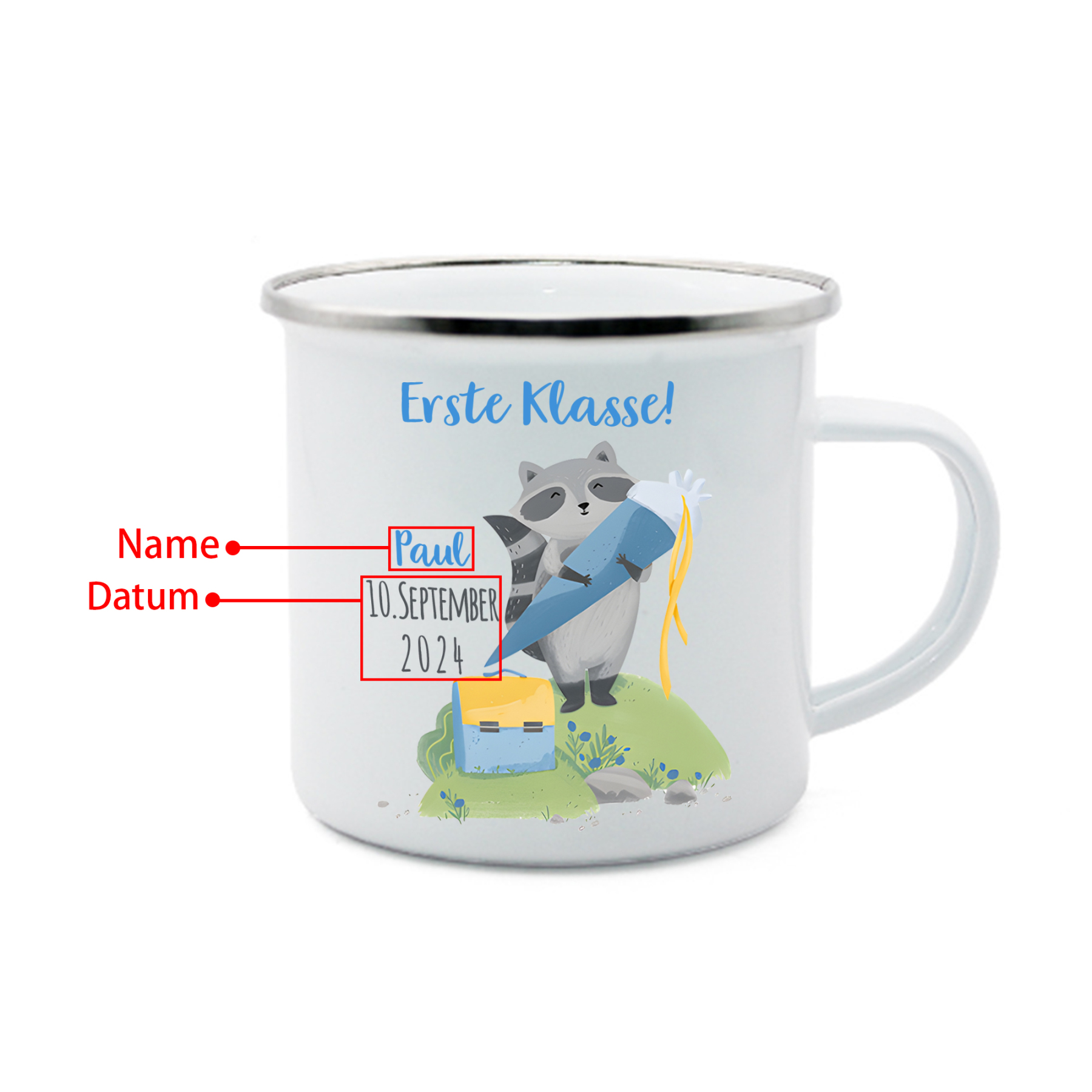 Emaille Tasse-Personalisierter Name & Datum Waschbären Becher -Erste Klasse - Geschenk zum Schulanfang
