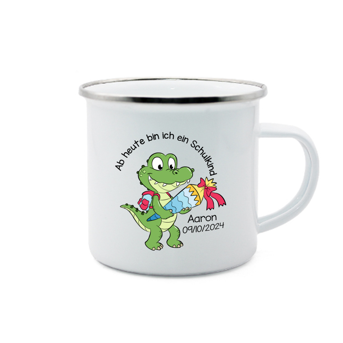 Emaille Tasse-Personalisierter Name & Datum Emaille Becher Schukind Krokodil Ab heute bin ich ein Schulkind Geschenk zum Schulanfang