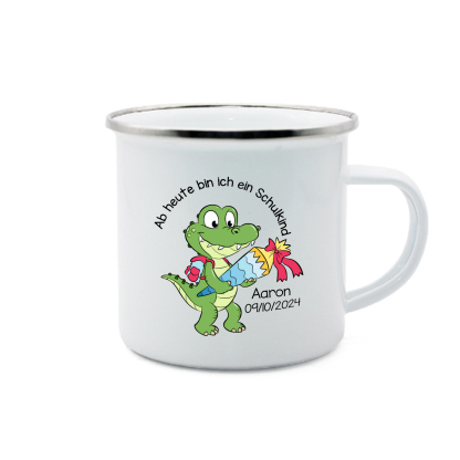 Emaille Tasse-Personalisierter Name & Datum Emaille Becher Schukind Krokodil Ab heute bin ich ein Schulkind Geschenk zum Schulanfang