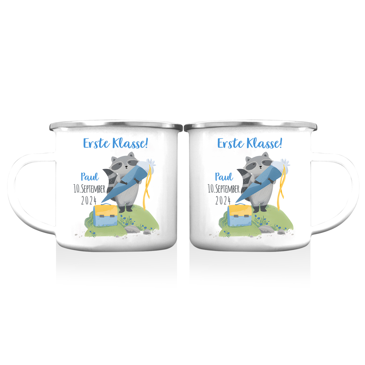 Emaille Tasse-Personalisierter Name & Datum Waschbären Becher -Erste Klasse - Geschenk zum Schulanfang