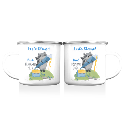 Emaille Tasse-Personalisierter Name & Datum Waschbären Becher -Erste Klasse - Geschenk zum Schulanfang